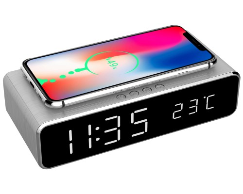 Digital alarm clock with wireless charging functionsilver