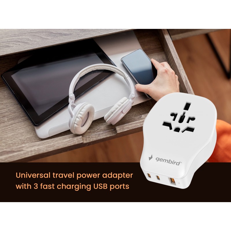 Gembird Universal Travel Power Adapter 20W White