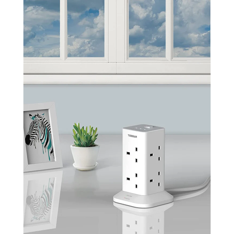 Tessan 2m Power Tower 8 AC Outlets, 3 USB (UK Plug)