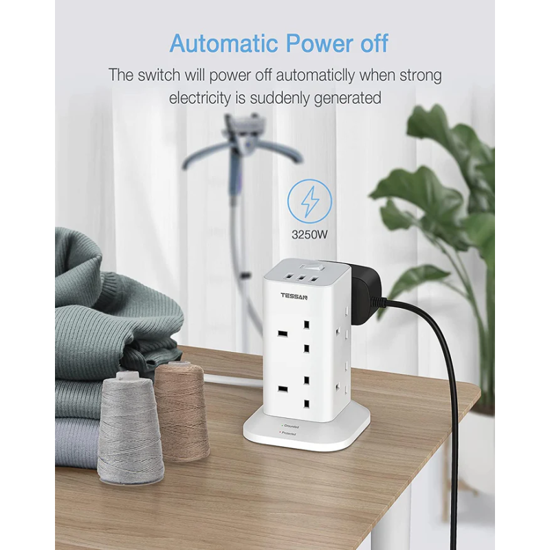 Tessan 2m Power Tower 8 AC Outlets, 3 USB (UK Plug)