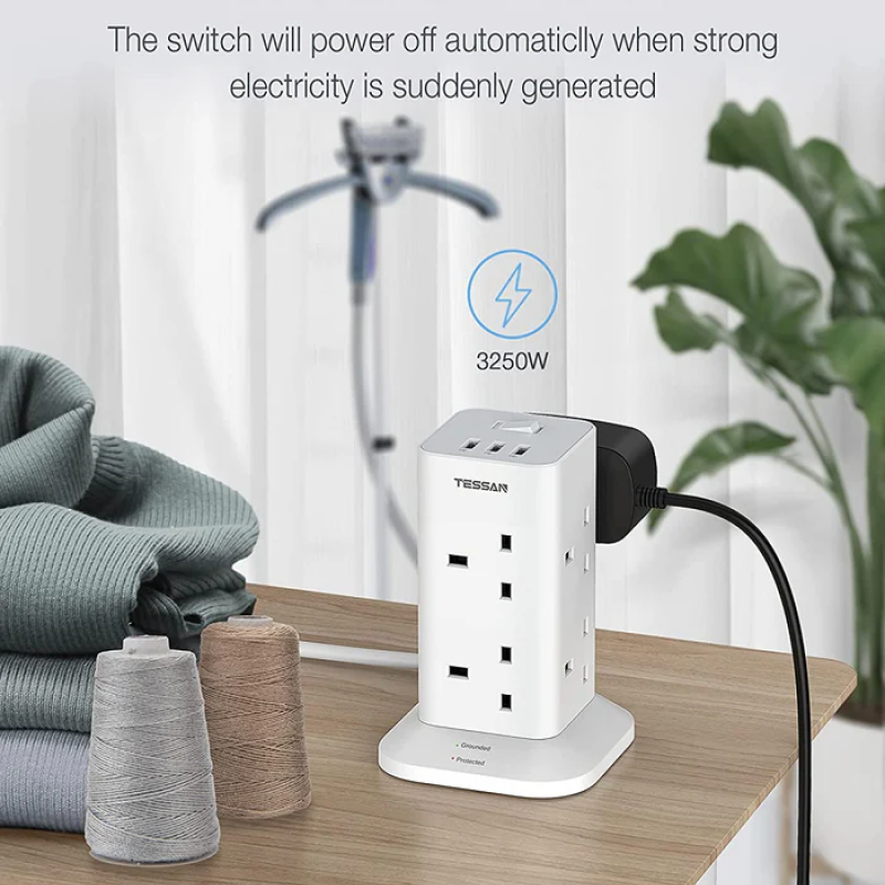Tessan 2m Power Tower 8 AC Outlets, 3 USB (UK Plug)