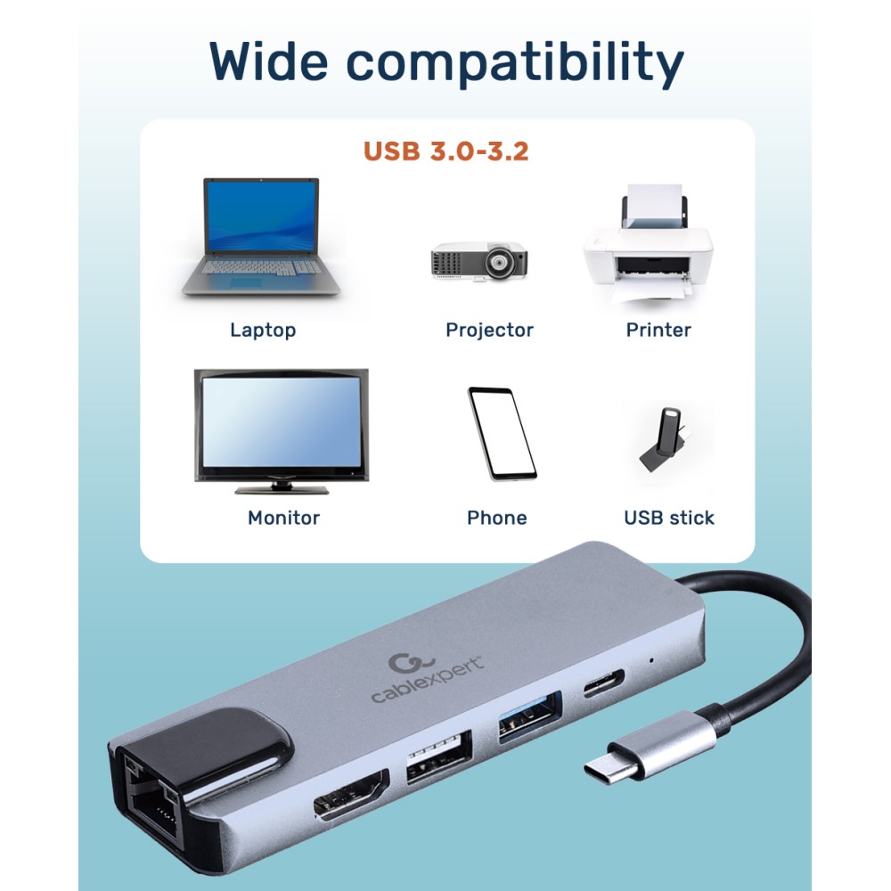 Cablexpert USB Type-C 5-in-1 Multiport Adapter (Hub + HDMI + PD + LAN)