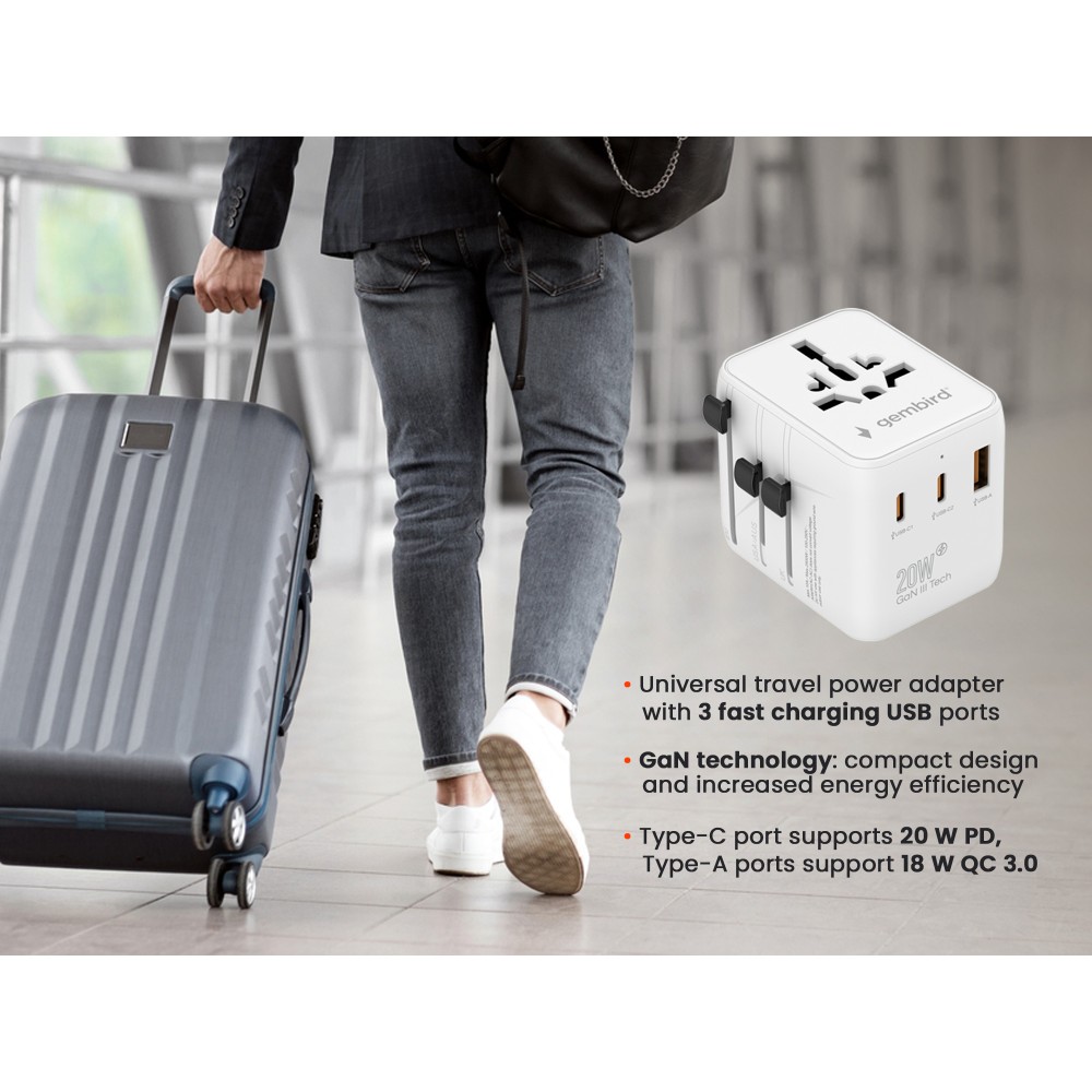 Gembird Universal Travel Power Adapter 20W White