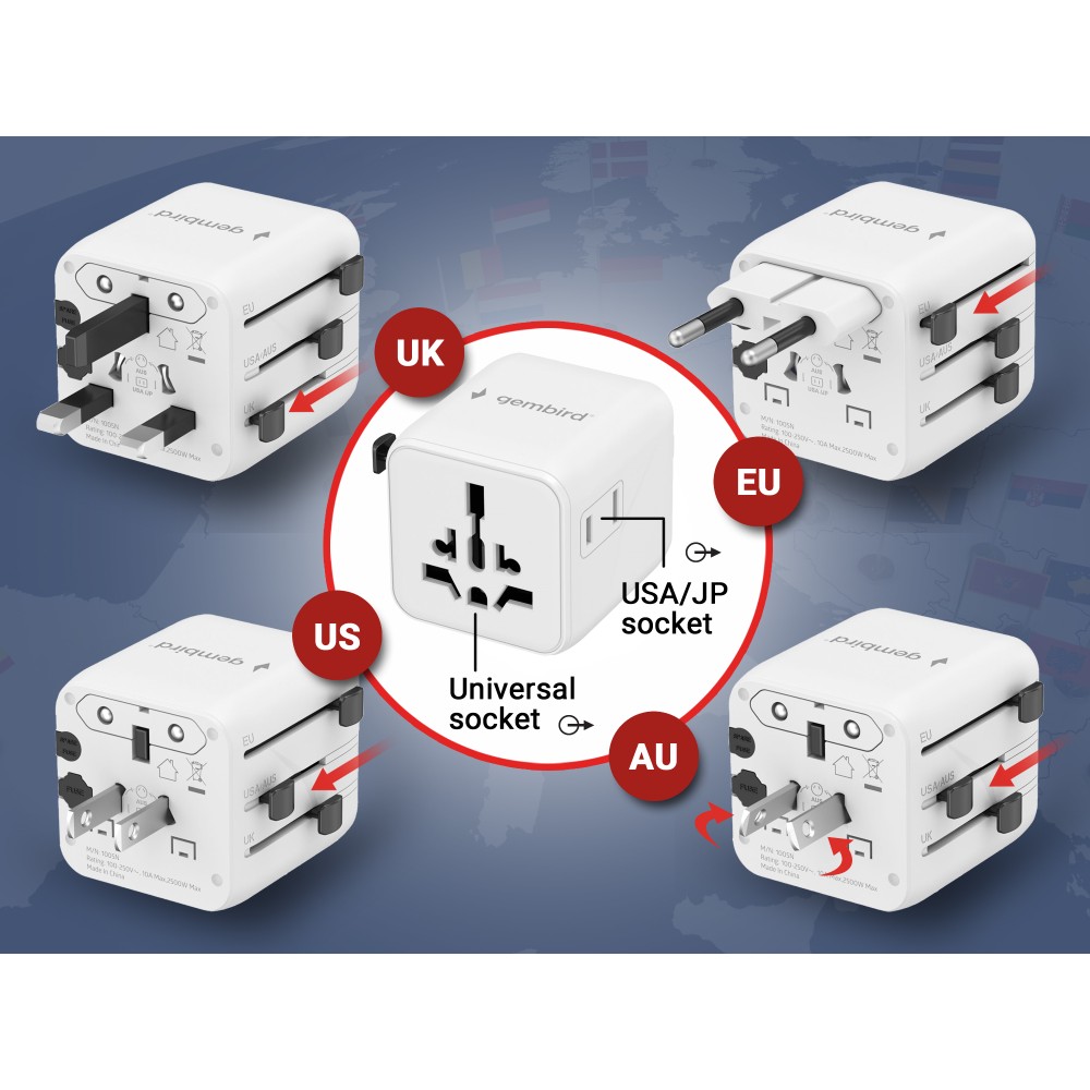 Gembird Universal Travel Power Adapter White